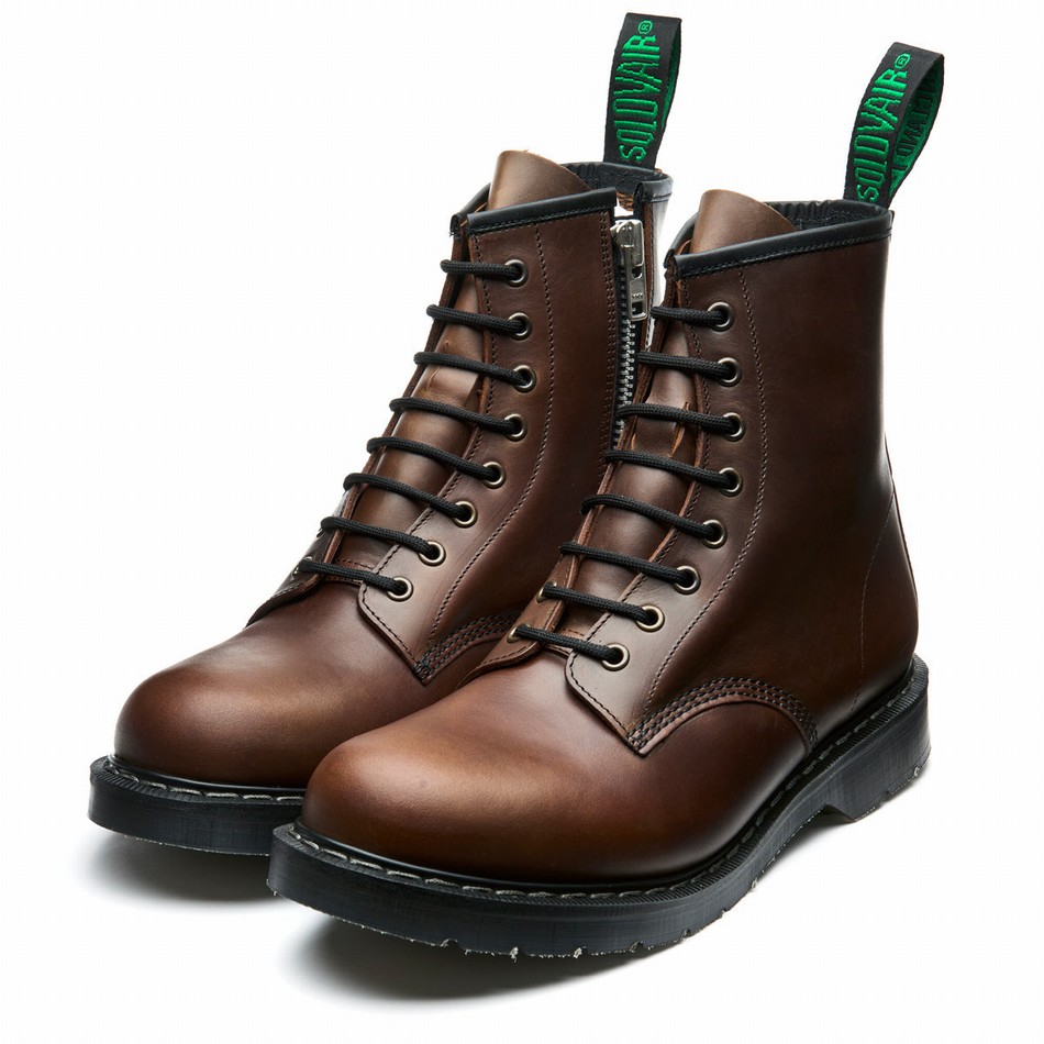 Solovair Gaucho Crazy Horse 8 Eye Zip Uomo Stivali Derby Marroni | S8-551-CH-ZIP-G-030