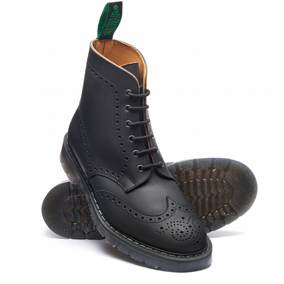 Solovair Greasy 6 Eye Donna Stivali Brogue Nere | S6-019-BG-G-030