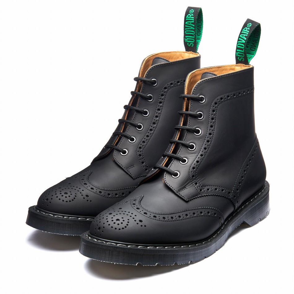 Solovair Greasy 6 Eye Donna Stivali Brogue Nere | S6-019-BG-G-030