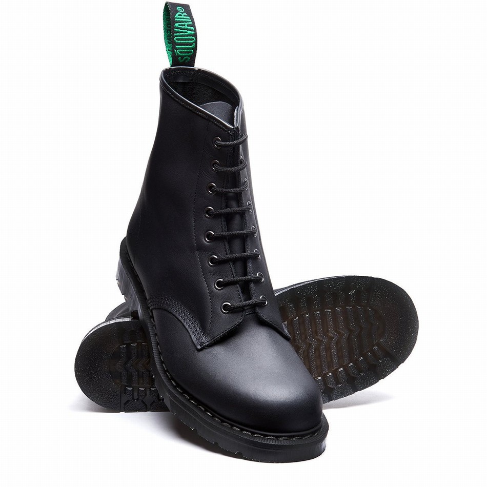 Solovair Greasy 8 Eye Uomo Stivali Derby Nere | S8-551-BG-G-030