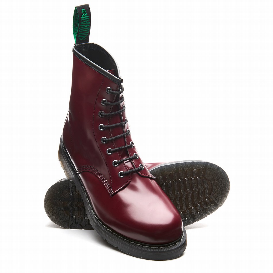 Solovair Vegan Hi-Shine 8 Eye Uomo Stivali Derby Rosse | VS8-551-OX-VEG-G-040